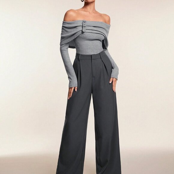 Grey Casual Women's Off-Shoulder Leather buckle Detailed shirt - Picture 6 of 7